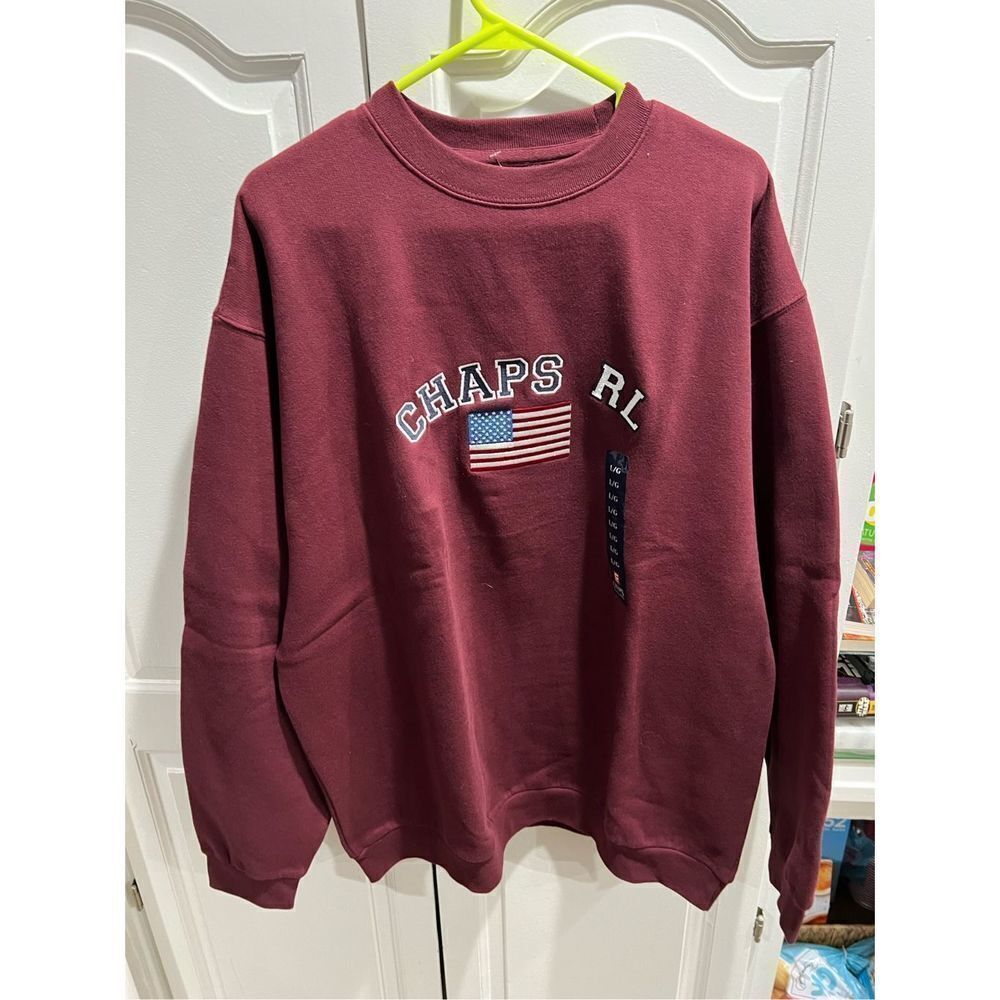 NWT Vintage Chaps Ralph Lauren Sweat Shirt Flag Mens Burgundy Embroidered Large